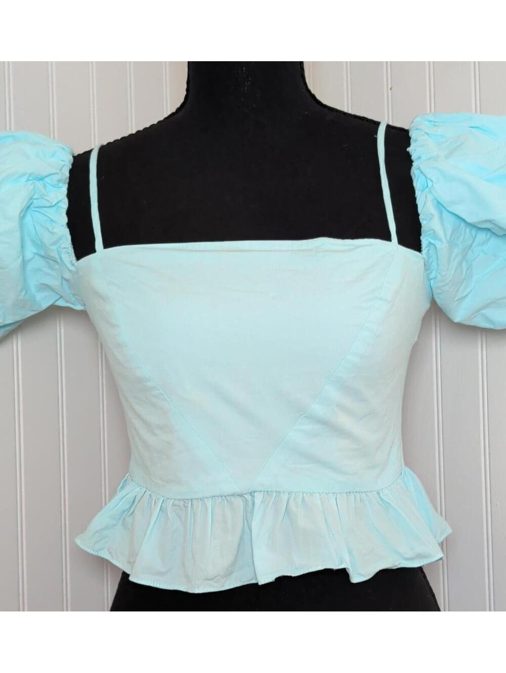 ZARA Light Blue Puff Sleeve Peplum Crop Top Size S